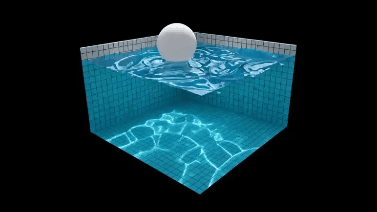 Figma pitch deck slide showing a 3D sphere dropping into a pool, the WebGL browser demo