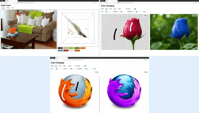Figma pitch deck color tools demo recoloring a couch, a flower, and the Firefox logo in real time