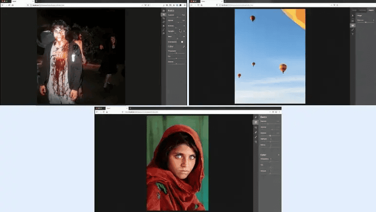 Figma pitch deck photo editing demo with exposure, highlight, and retouching controls