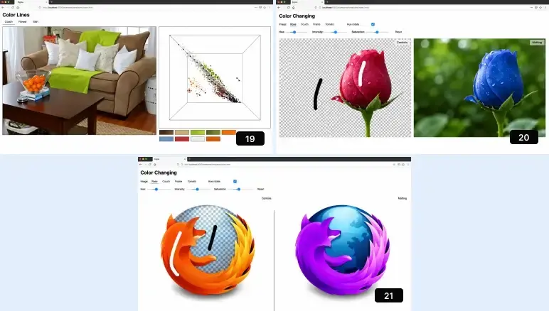 Figma pitch deck color tools demo recoloring a couch, a flower, and the Firefox logo in real time