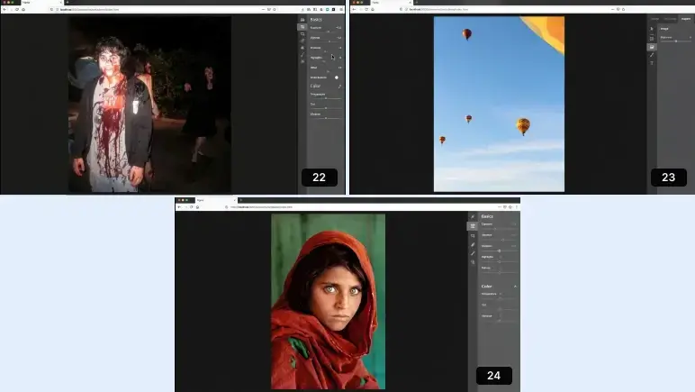 Figma pitch deck photo editing demo with exposure, highlight, and retouching controls