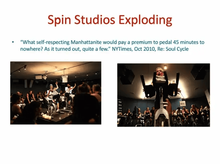 Peloton pitch deck slide 3 using a New York Times quote on boutique cycling
