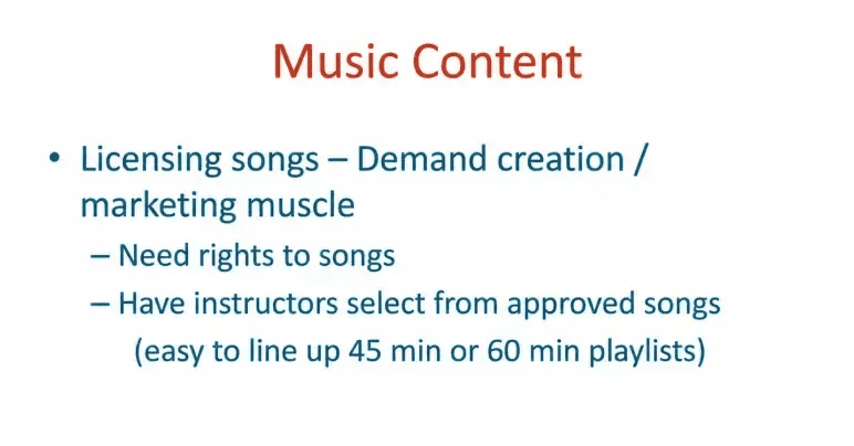 Peloton pitch deck slide 5 covering music rights and instructor playlists