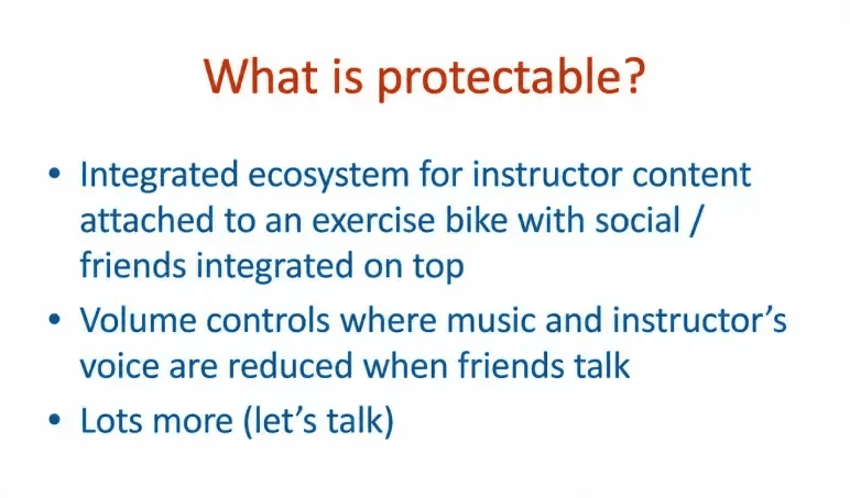 Peloton pitch deck slide 13 asking what is protectable about the business
