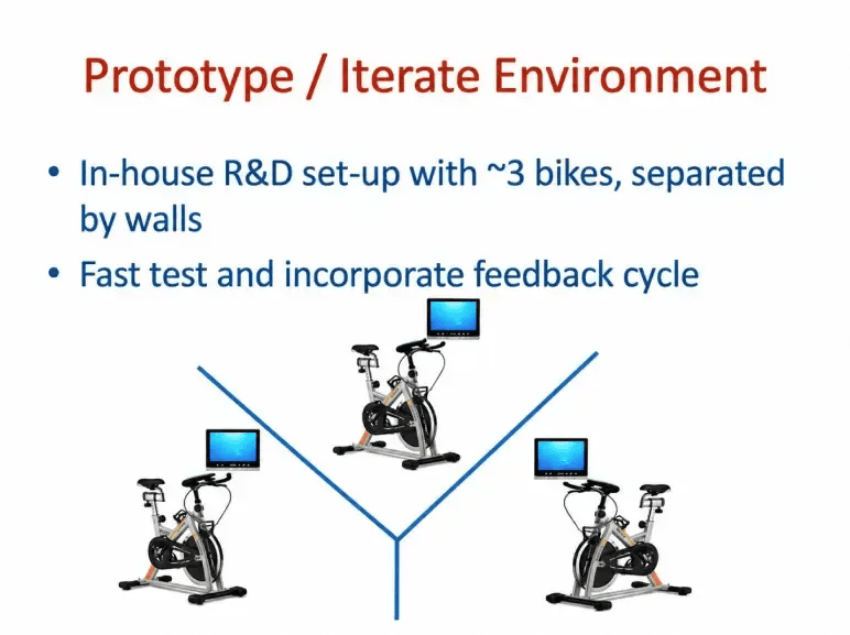 Peloton pitch deck slide 16 showing the early bike prototype setup