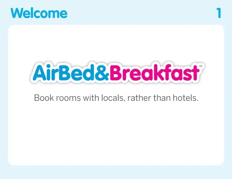 Airbnb pitch deck slide 1 welcome cover introducing booking rooms with locals rather than hotels