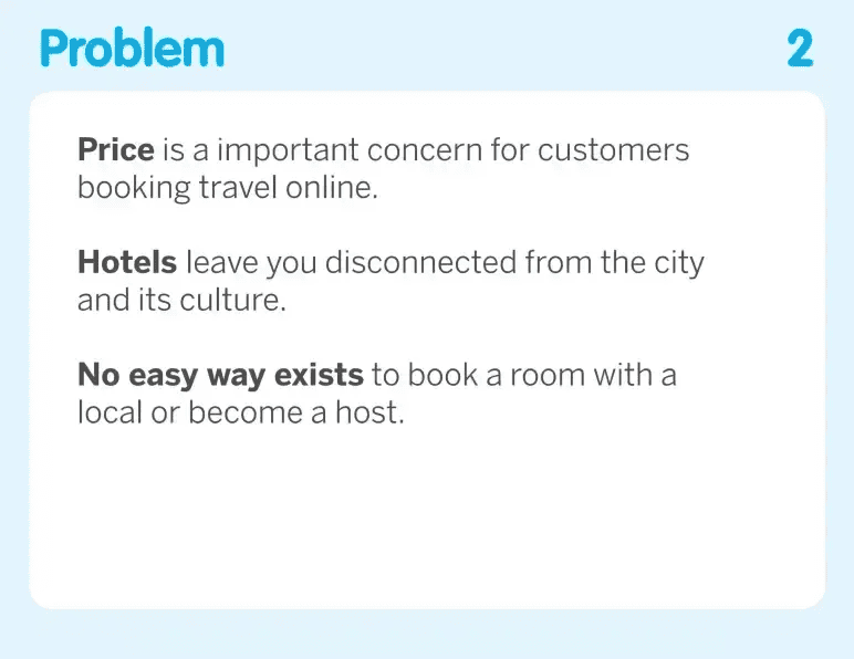 Airbnb pitch deck slide 2 problem slide listing three issues with booking accommodation