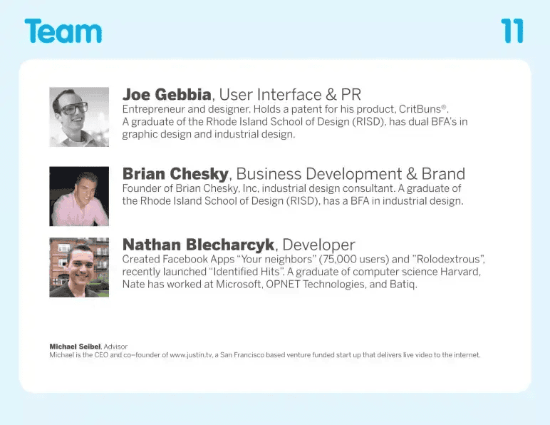 Airbnb pitch deck slide 11 team slide introducing the three founders and adviser