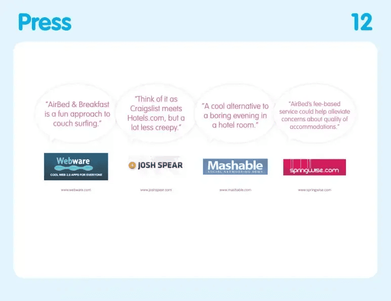 Airbnb pitch deck slide 12 press slide quoting Webware, Mashable and Springwise
