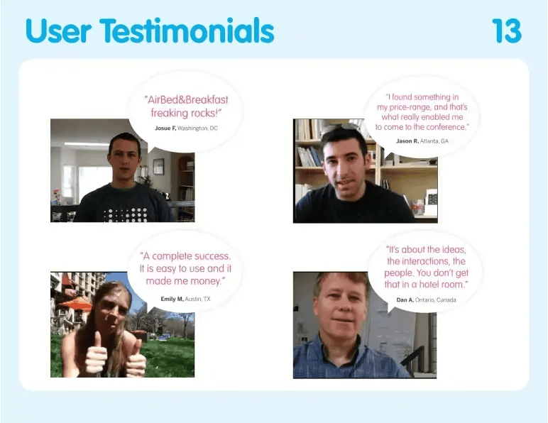 Airbnb pitch deck slide 13 user testimonials from four real early users