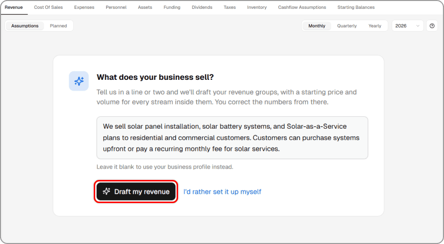 Draft my revenue button with business description prompt in forecast setup