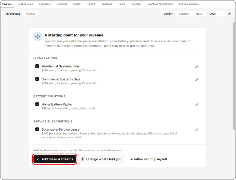 AI suggested revenue streams ready to customize before adding