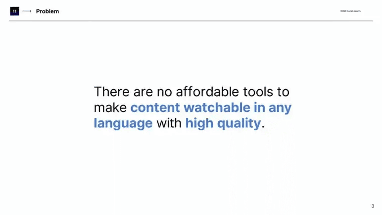 ElevenLabs pitch deck slide 3 problem transition slide highlighting dubbing option failures