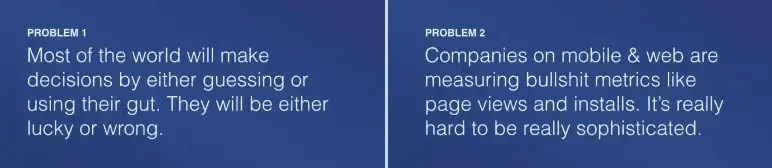 Mixpanel pitch deck slides 2 and 3 stating the problem with gut-based decisions and bad metrics