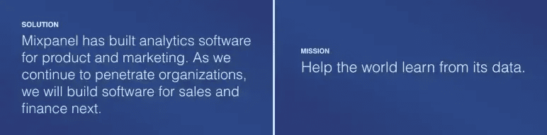 Mixpanel pitch deck slides 4 and 5 showing the solution and mission statements