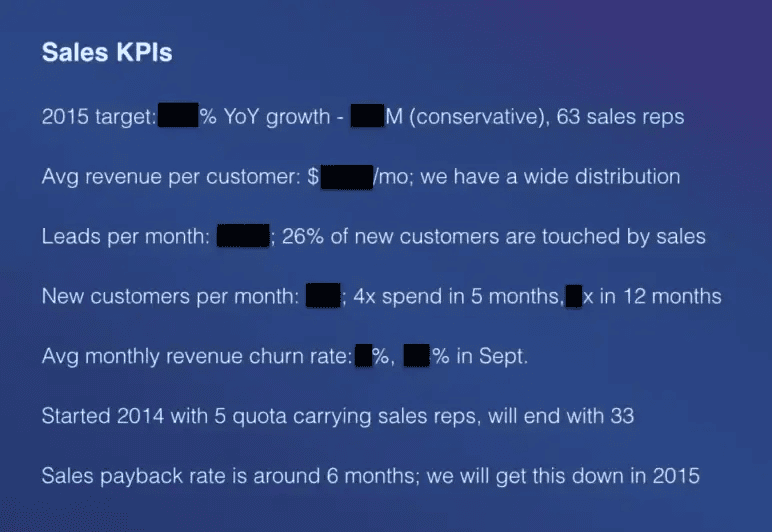 Mixpanel pitch deck slide 8 sales KPIs showing a six month payback period
