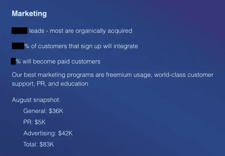 Mixpanel pitch deck slide 9 marketing channels and spend breakdown