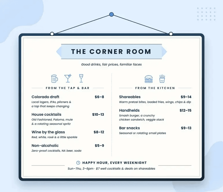 Menu and beverage offering for The Corner Room with drink and food price ranges