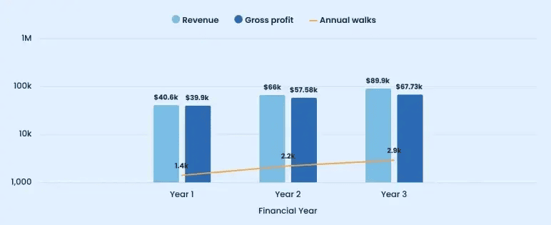 Financial outlook chart showing revenue, gross profit, and annual walks for years 1 to 3