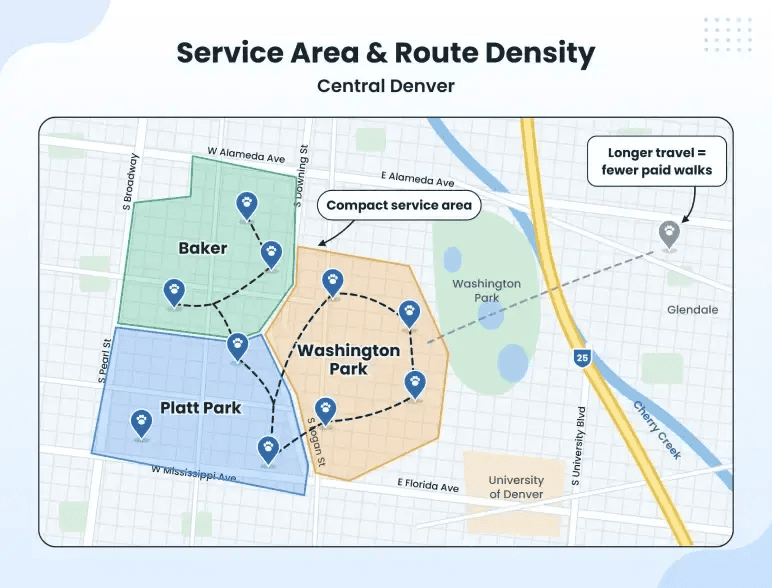 Service area map of Washington Park, Platt Park, and Baker in central Denver