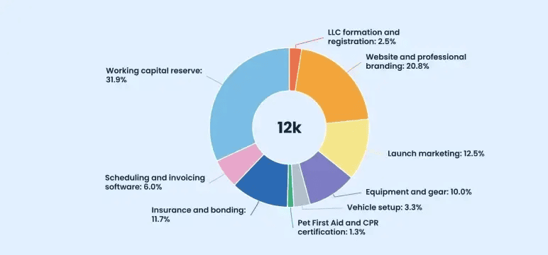 Startup costs breakdown of the $12,000 budget by expense category