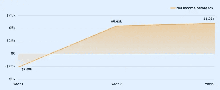 Projected profit and loss chart of net income before tax for years 1 to 3