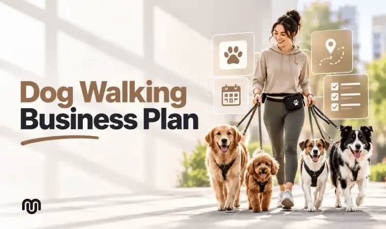 Dog walking business plan featured image of a walker with four dogs