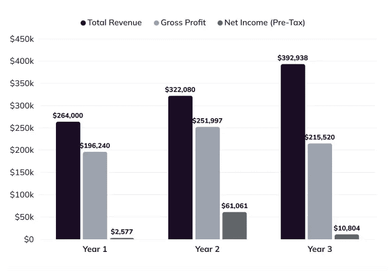 Three-year outlook chart showing total revenue, gross profit, and net income for Years 1 to 3