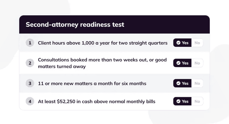 Hiring a second attorney readiness test with four conditions to meet before hiring