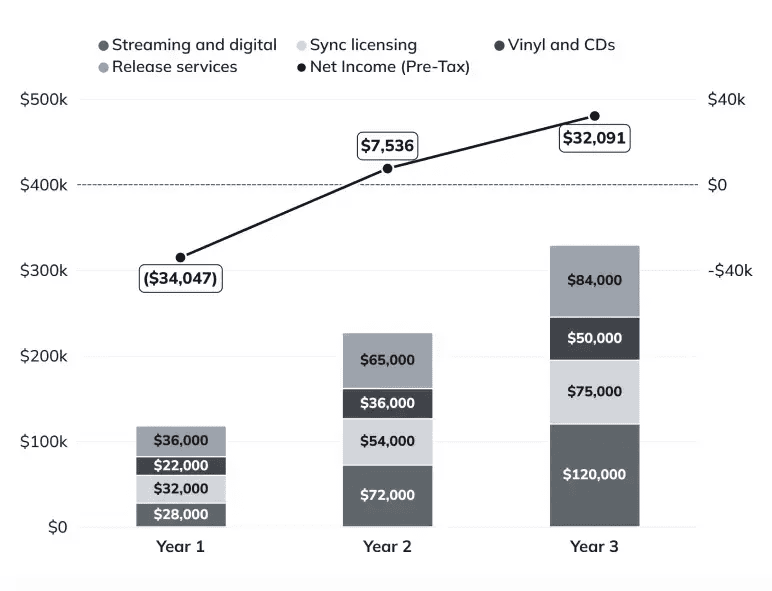 Projected Income Statement revenue by source and net income