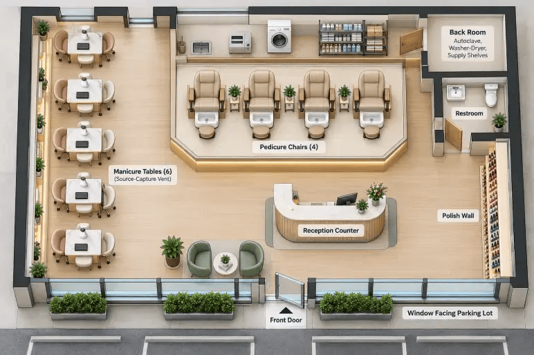 Salon Site & Layout floor plan with manicure tables, pedicure chairs, and reception counter