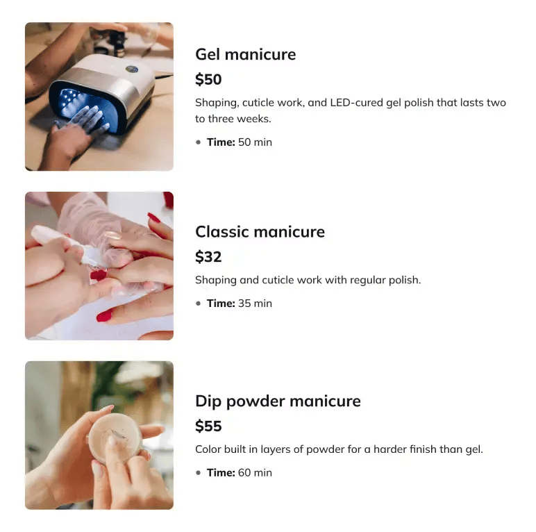 Manicures & Dip Powder service menu with prices and times