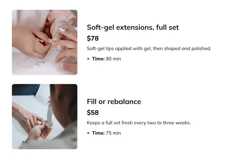 Soft-Gel Extensions & Fills service menu with prices and times