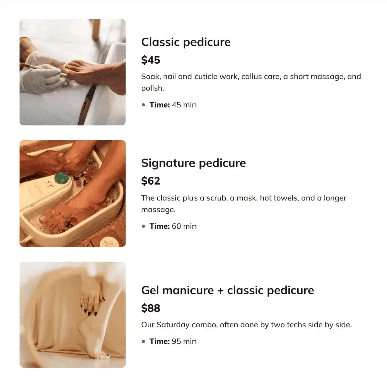 Pedicures & the Saturday Combo service menu with prices and times