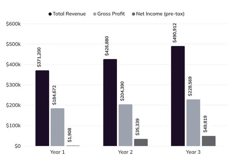 Projected Profit & Loss chart of revenue, gross profit, and net income for Years 1 to 3