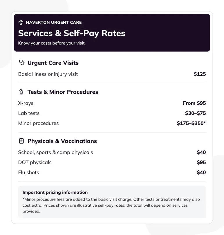 Pricing Strategy waiting-room price board with self-pay visit rates
