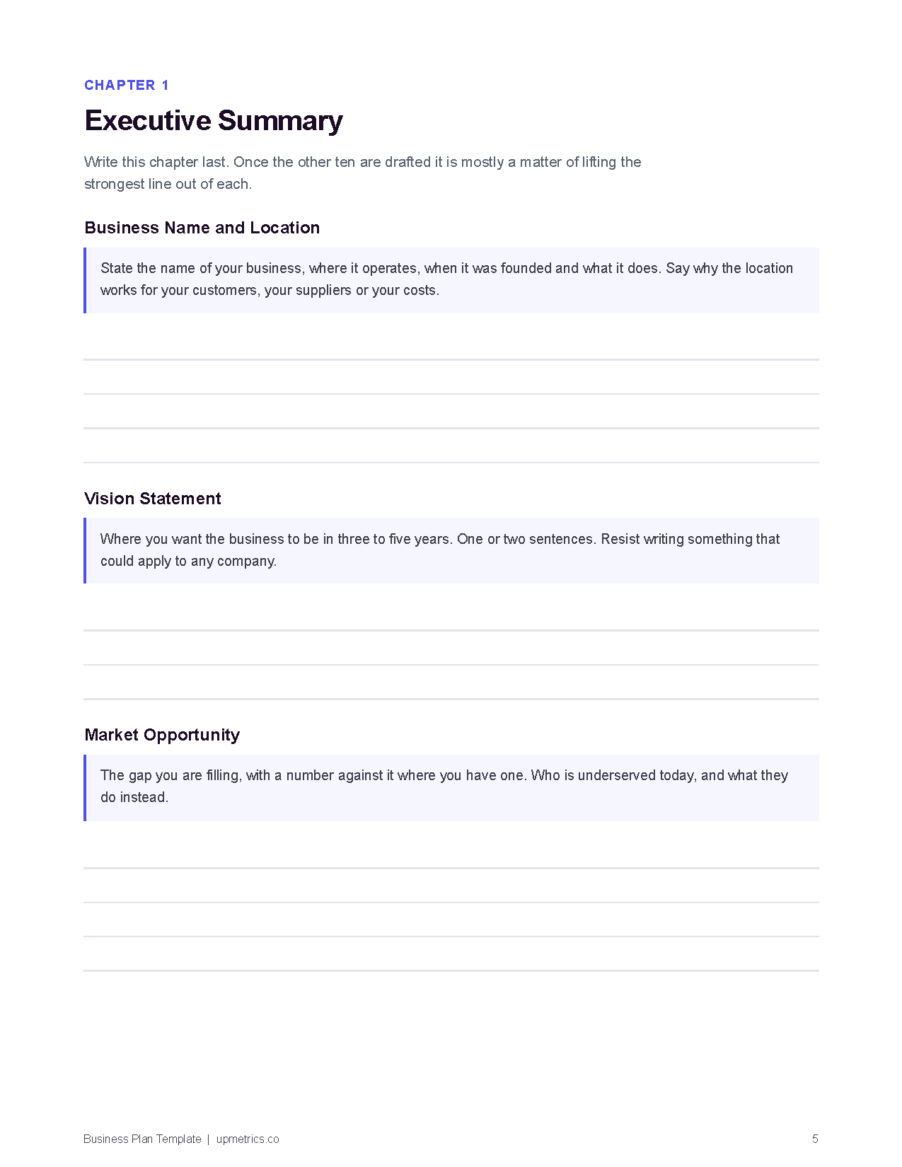 Executive summary chapter showing a prompt under every heading with ruled writing space